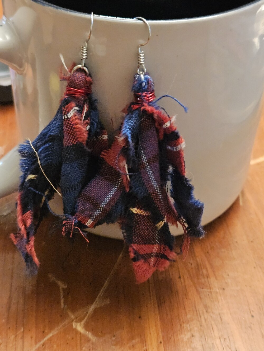 Handmade Navy & Red Plaid Rag Flannel Tassel Earrings